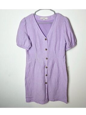 LOFT Lilac V-Neck linen shirt Dress with Puff Sleeves